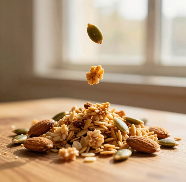 Macro shot of crunchy golden granola clusters with toasted pumpkin seeds and almonds falling onto a wooden surface, warm golden-hour window light, shallow depth of field, 35mm
