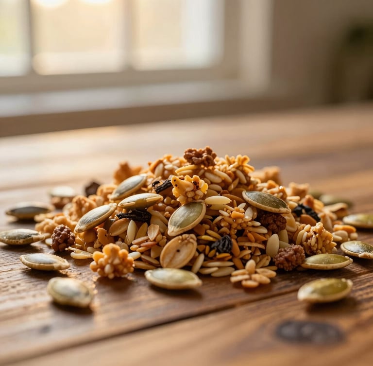 Close-up of golden-brown granola clusters and toasted pumpkin seeds on a rustic wooden table, warm golden-hour window light, shallow depth of field, 35mm