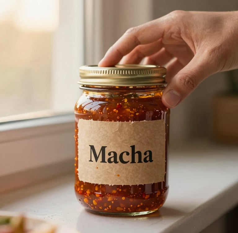 Warm editorial food photography, soft golden-hour window light, a close-up of a hand placing a rustic paper label on a glass jar of salsa macha, rich chili oil textures, shallow depth of field, 35mm