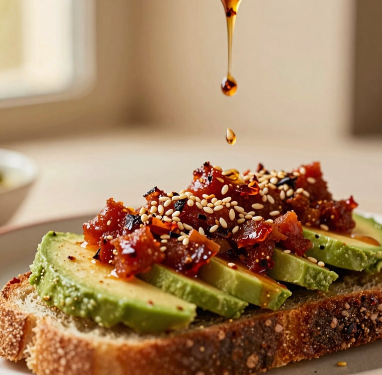 Close-up of rich red salsa macha showing glistening chili flakes and sesame seeds being drizzled over fresh avocado toast, soft warm lighting, shallow depth of field, 35mm