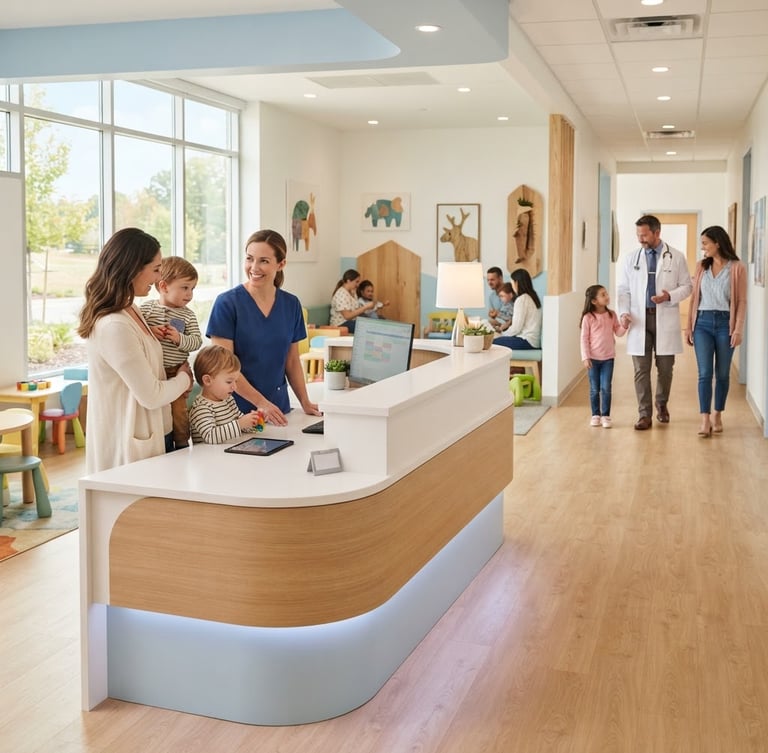 Bright clinical photography of a modern, clean pediatric reception desk with soft blue accents, warm natural daylight, and a caring doctor in the background.