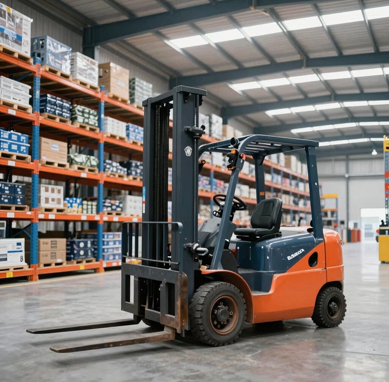 Wide environmental shot of a modern high-ceiling warehouse in Argentina, clean electric forklifts operating in selective racks, bright daylight, sharp industrial photography