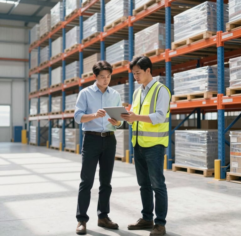 An engineer in a safety vest holding a digital tablet, consulting with a warehouse manager in front of high selective racks, bright natural daylight, technical consultation