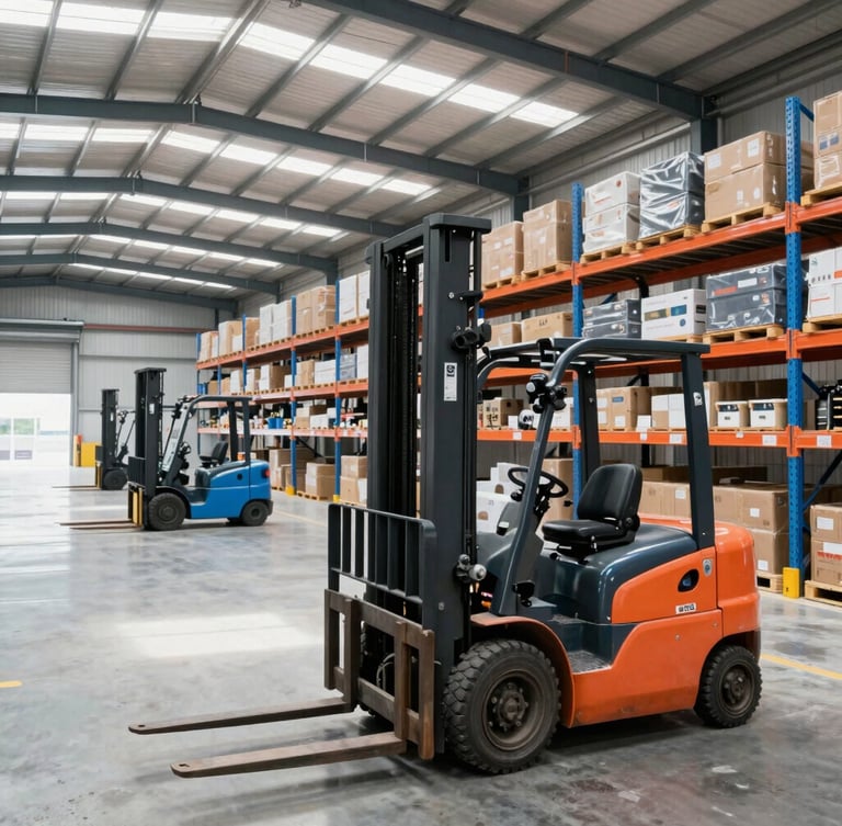 Wide environmental shot of a modern high-ceiling warehouse with selective rack installations, clean electric forklifts in motion, bright daylight filtering through skylights, professional industrial photography