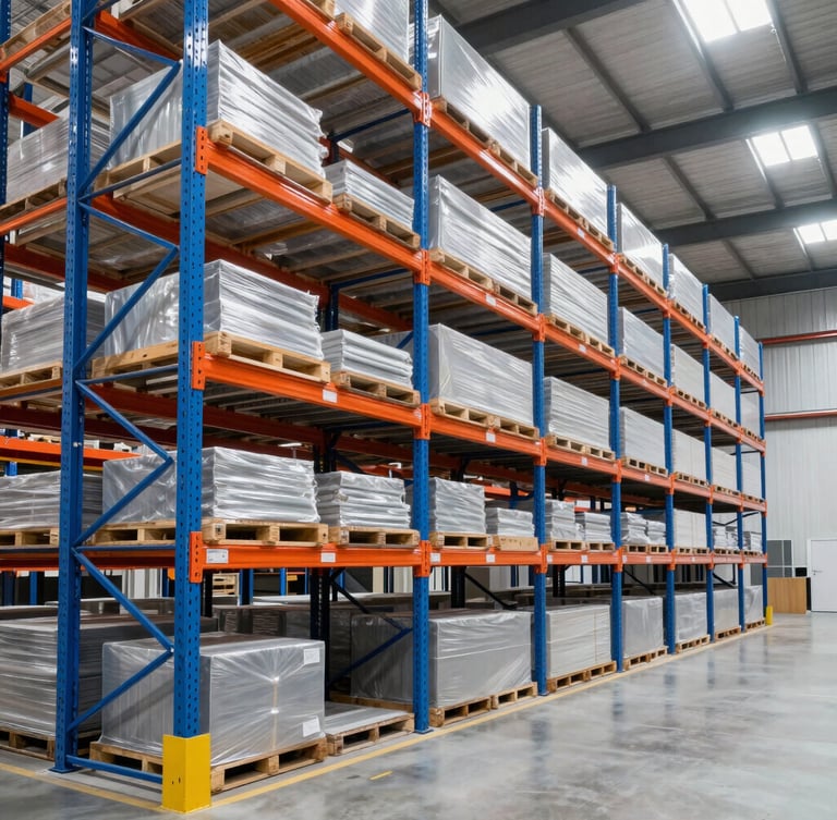 High-density selective racks extending to the high ceiling in a bright, modern warehouse, portrait aspect, sharp focus.