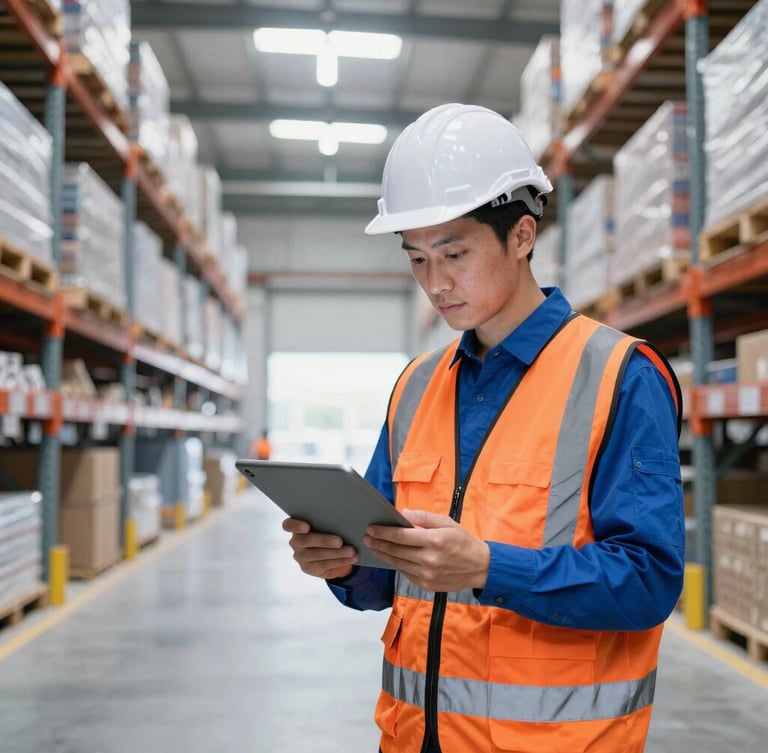 Professional logistics engineer in safety vest analyzing warehouse floor plans on a tablet computer, bright industrial lighting.