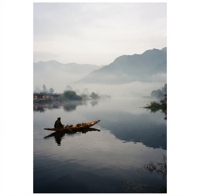 A vertical 35mm film photograph of Dal Lake in morning mist, soft diffused light, a single wooden shikara floating in the distance, quiet luxury aesthetic