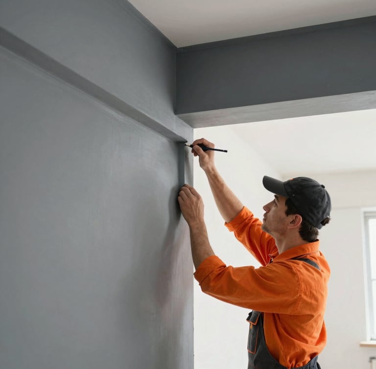 Professional portrait of a skilled craftsman in branded workwear, focused on a precise detail of a finished interior, such as a perfectly mitered corner or a smooth painted wall. Crisp natural light, architectural framing.