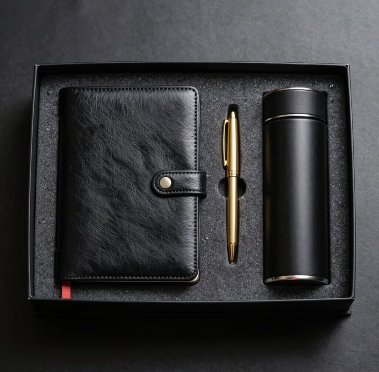 Wide panoramic studio shot, overhead flat-lay of a luxury corporate welcome kit containing a debossed black leather notebook, a gold pen, and a matte black thermal flask, nestled in custom foam, dramatic side lighting with deep shadows.
