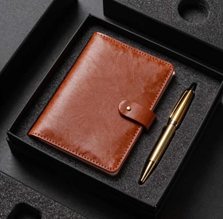 Overhead flat-lay of a luxury executive gift box, featuring debossed Italian leather notebook, brushed brass pen, and custom foam inserts, dramatic studio lighting with deep shadows.