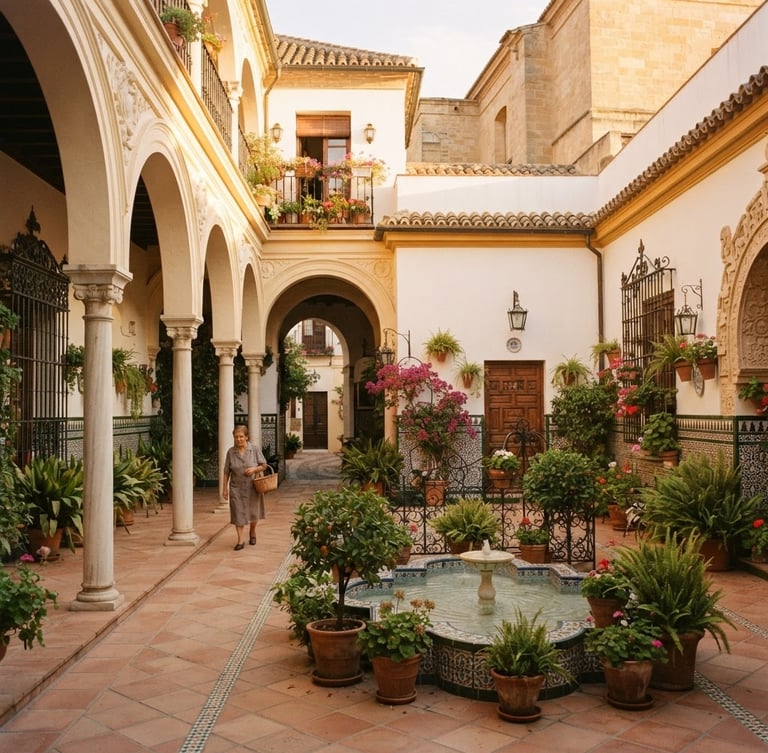 Elegant architectural wide shot of a sun-drenched Andalusian courtyard in Seville, warm golden-hour European sunlight, rich desaturated tones, 35mm photography