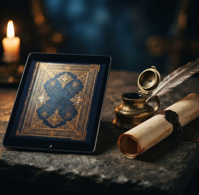 A digital tablet displaying an elegant book cover with gold lettering on a dark stone table, next to a classic brass inkwell and a rolled parchment scroll. Warm dramatic candlelit side light, deep blue shadows, shallow depth of field.