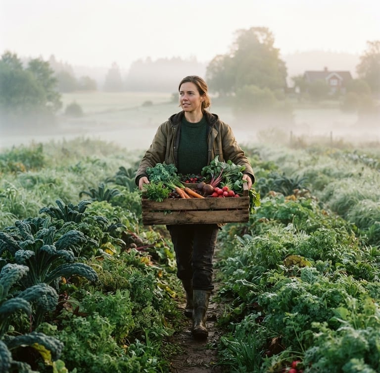 Candid medium shot of a farmer carrying a wooden crate of fresh produce through a misty field at dawn, soft scandinavian daylight.