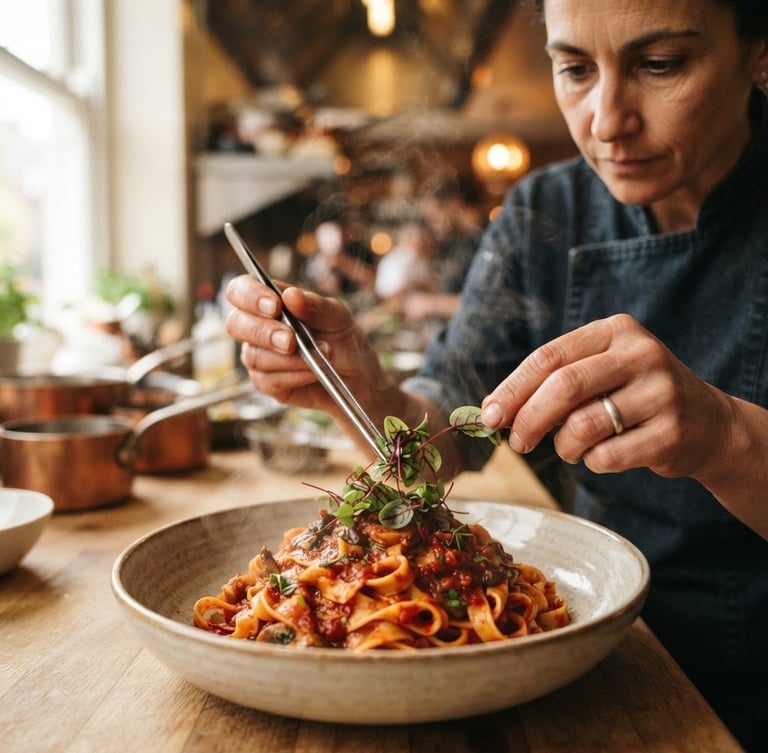 A close-up of a chef carefully placing microgreens on a steaming pasta dish, warm ambient kitchen light, shallow depth of field, rich crimson tones.