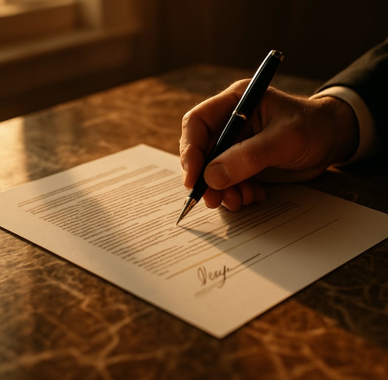 Warm editorial photography of a hand signing a structured legal document on a heavy marble table, golden-hour window light, sharp focus