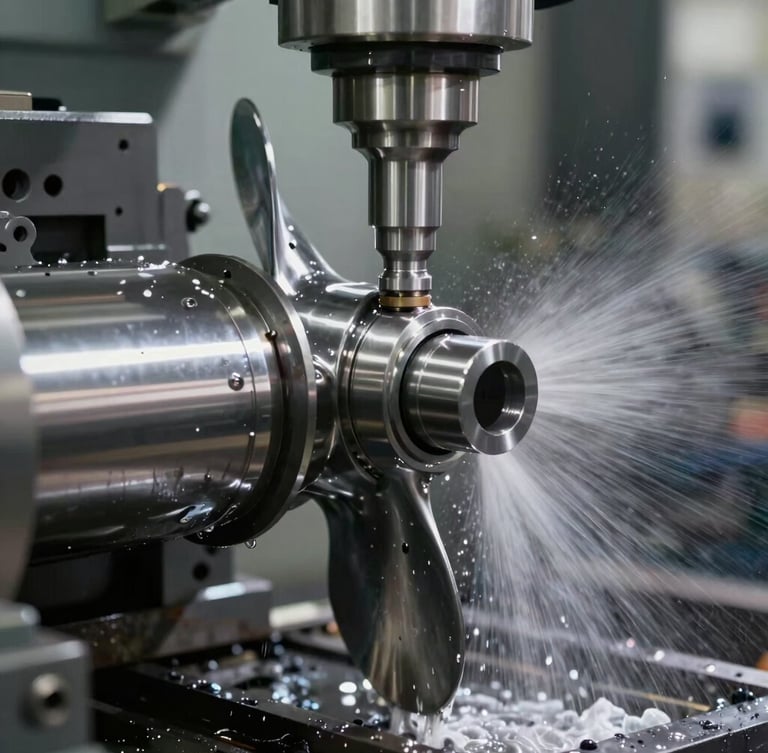 A high-precision CNC machine cutting a marine propeller shaft from a solid billet of stainless steel, coolant spray misting the cutting head.