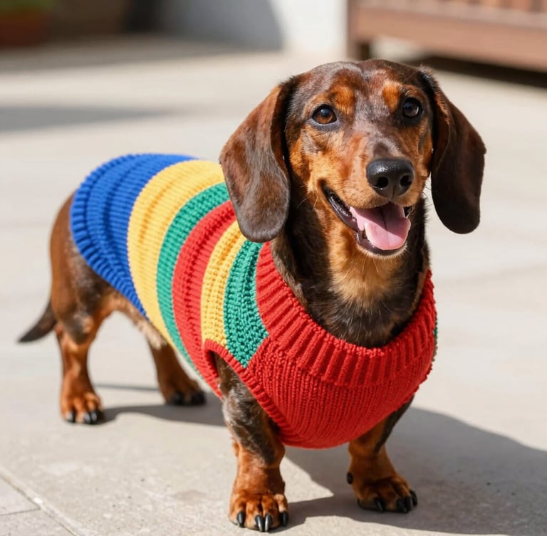 A happy Dachshund wearing a colorful custom-tailored knit sweater, standing comfortably on a sunny patio, close-up shot focusing on the perfect fit around its long chest, vibrant pet photography style.