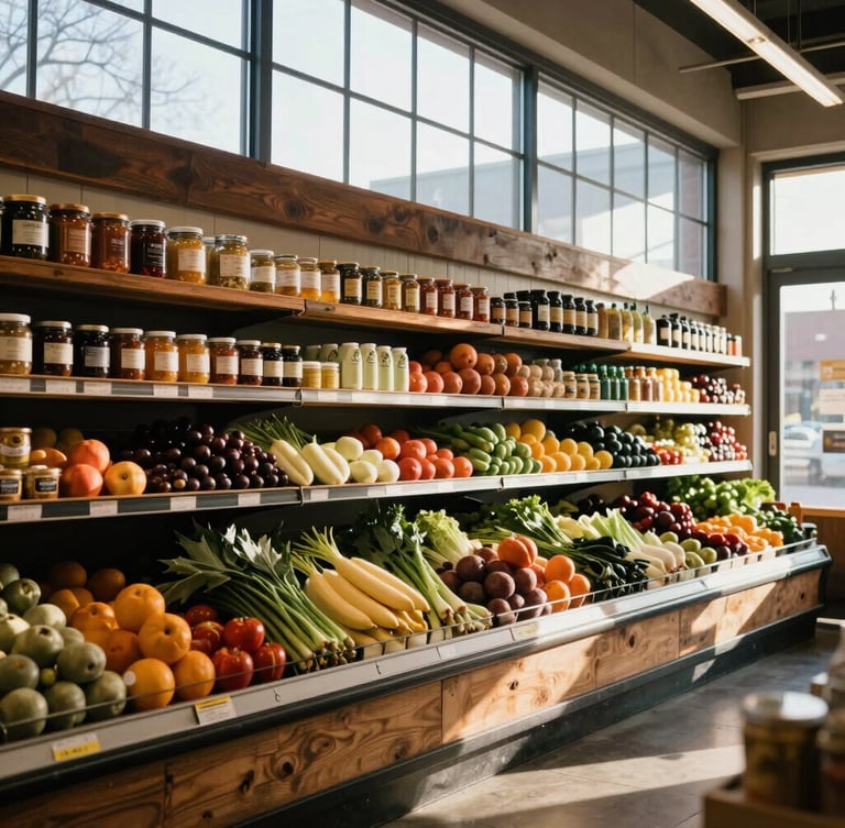 Daylight streaming through wide front windows of a Chicago grocery store, rustic wooden shelves stocked with colorful fresh produce and artisanal jars, warm morning glow.