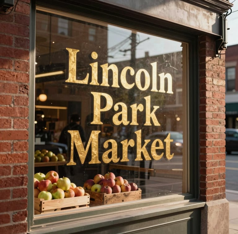 Warm afternoon light hitting the hand-painted gold leaf lettering of Lincoln Park Market on the historic brick storefront window, fresh crates of apples visible inside, Chicago street scene blurred in the background.