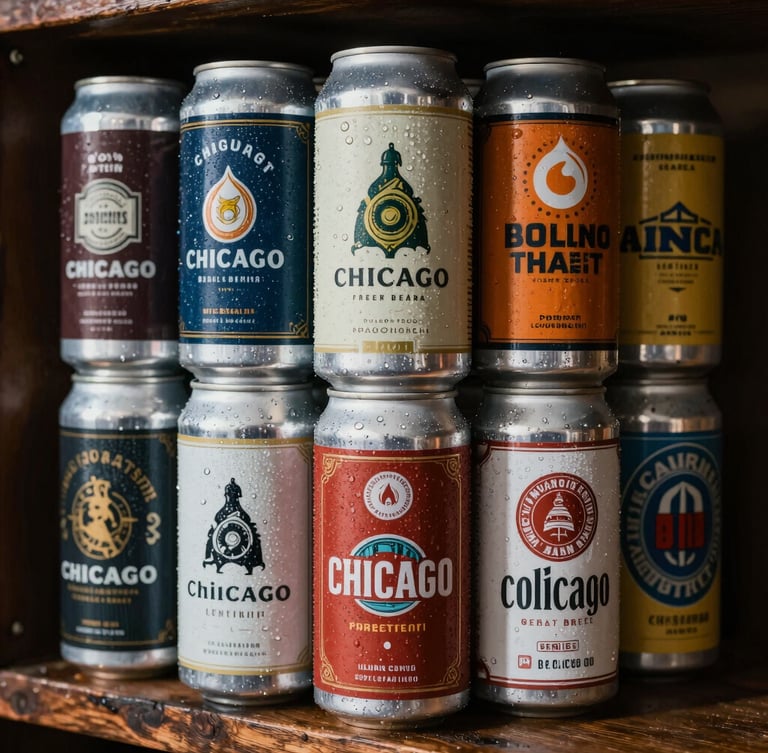 Close-up of condensation-covered local Chicago craft beer cans stacked neatly in a dark wooden cooler shelf, warm natural light hitting the labels.