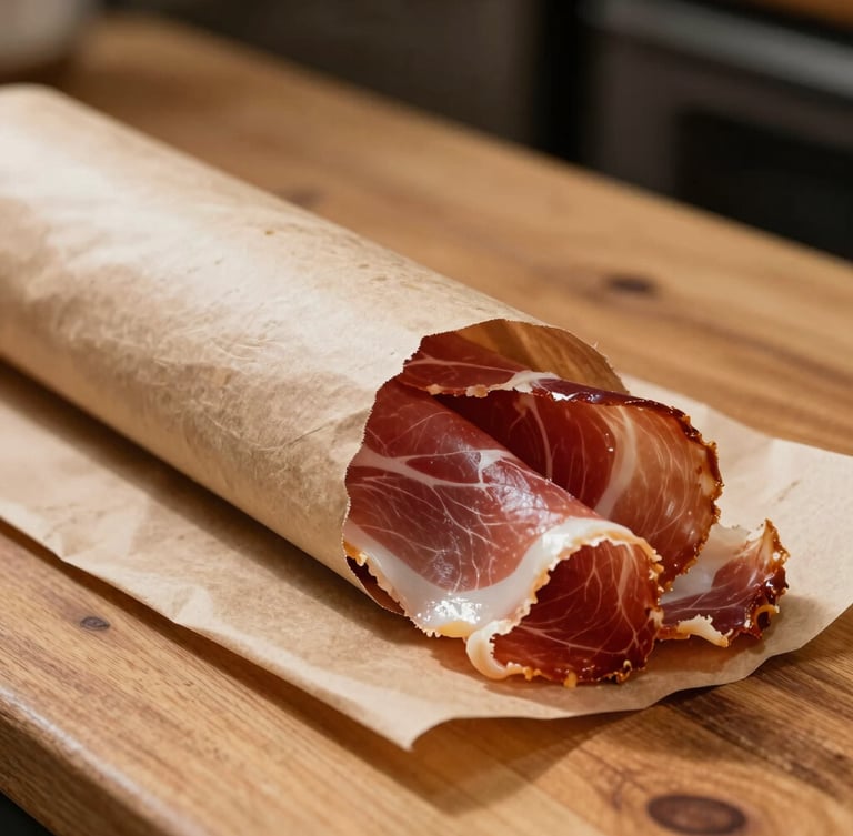 Close-up of freshly sliced prosciutto being wrapped in brown butcher paper on a wooden counter, warm side lighting.