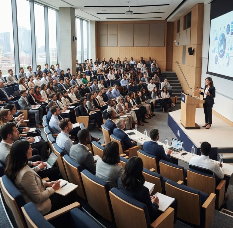 Wide environmental shot of an active, modern lecture hall filled with an engaged professional audience, bright natural indoor lighting, crisp daylight, corporate navy accents.