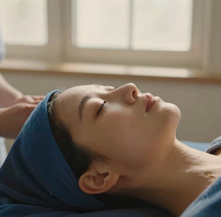 Warm editorial photography, soft dramatic window light, close-up of relaxed skin during a luxurious facial treatment, soft golden light, hands with medical precision, serene environment