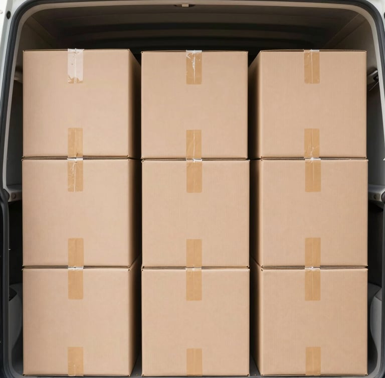 Neatly stacked uniform moving boxes inside a clean, organized truck interior, soft warm tones, bright natural daylight