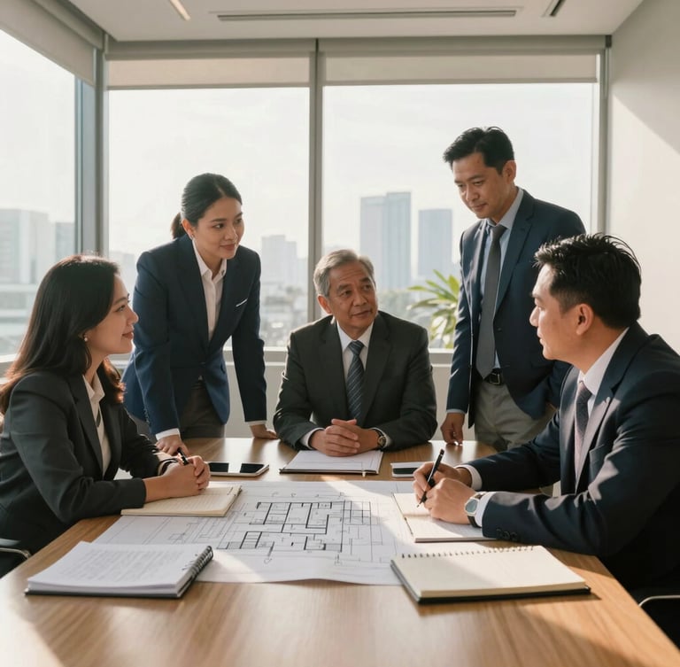 Wide environmental portrait of Filipino business leaders collaborating in a sunlit Manila office, warm morning light, architectural blueprints and notebooks on the table, professional and authentic.