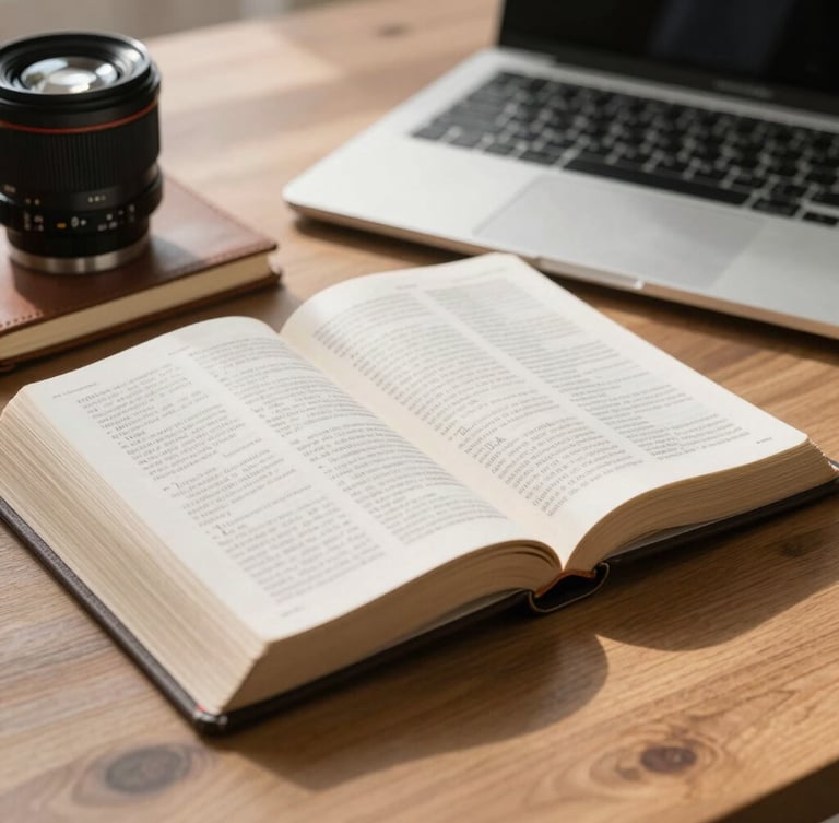 Close-up of an open Bible resting next to a leather notebook and a modern laptop on a wooden desk, warm natural morning light