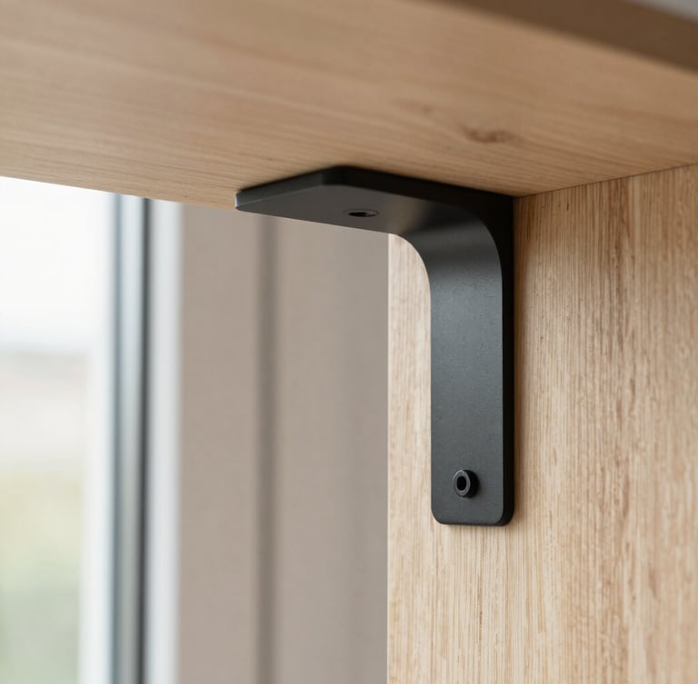 Close-up detail shot of a matte black steel bracket connecting two light ash wood panels, showing a scratch-resistant laminate finish, natural afternoon window light, sharp focus, 35mm