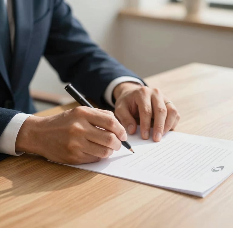 Close-up of calm hands signing a clean document on a solid oak desk, warm natural morning light, shallow depth of field, 35mm