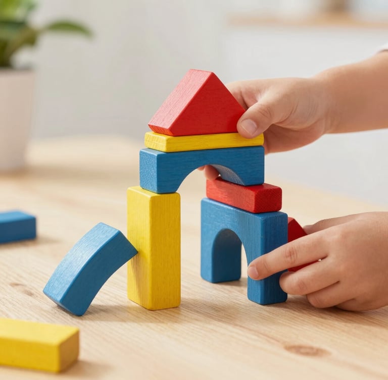 A child's hands carefully stacking vibrant wooden geometric arches on a light wood table, soft natural daylight, shallow depth of field