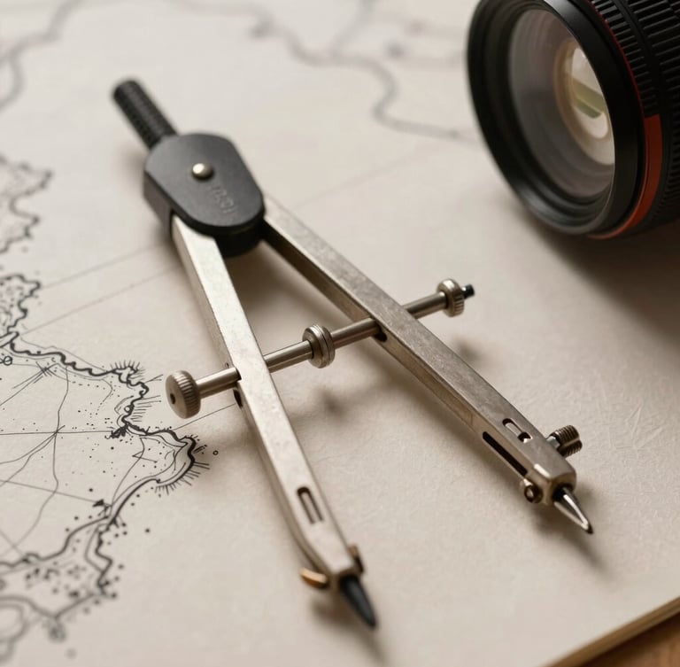 Extreme close-up of fine cartographic ink lines on textured heavy-weight paper, drafting compass resting on a hand-drawn shoreline, warm natural studio light.