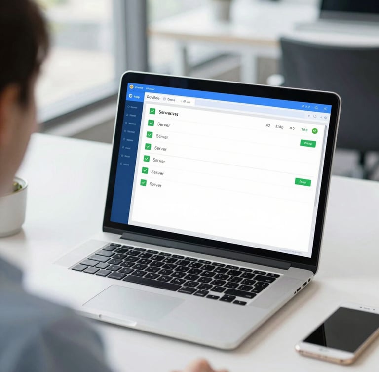 Over-the-shoulder shot of a clean modern workspace, a laptop screen showing a simple server status dashboard with green checkmarks, bright natural daylight, crisp blue and white tones.