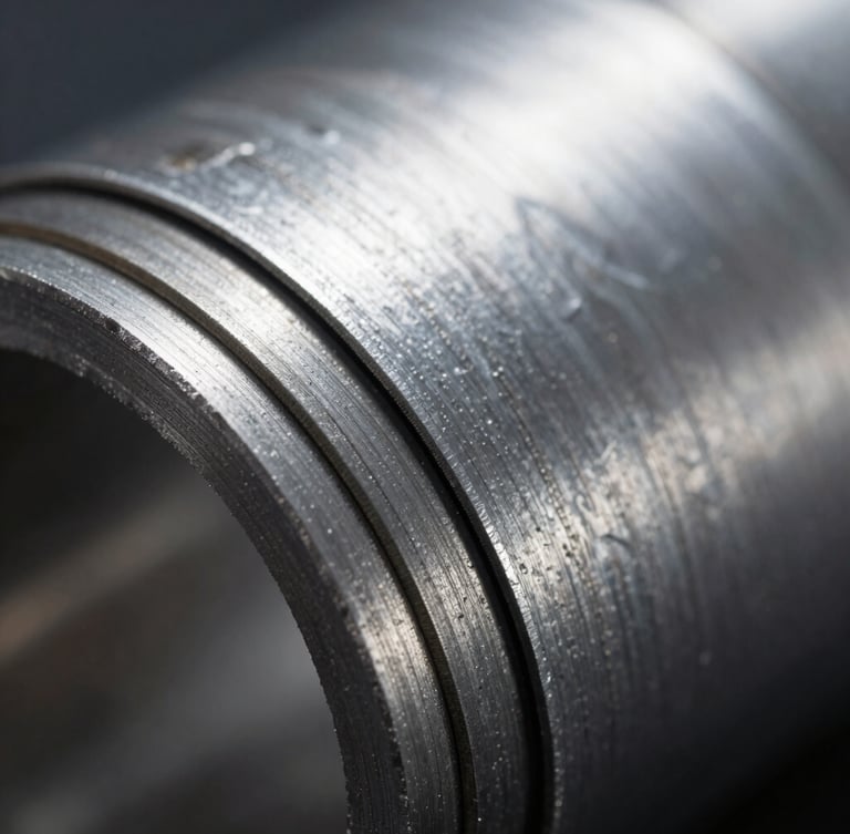 Macro close-up of a multi-layer steel gasket edge showing individual laminated sheets, high-contrast industrial lighting, metallic textures