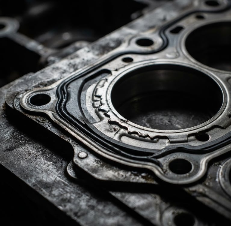 Macro close-up of a heavy-duty multi-layer steel bus engine gasket, high-contrast industrial lighting, dramatic side-shadows on metallic texture, 50mm