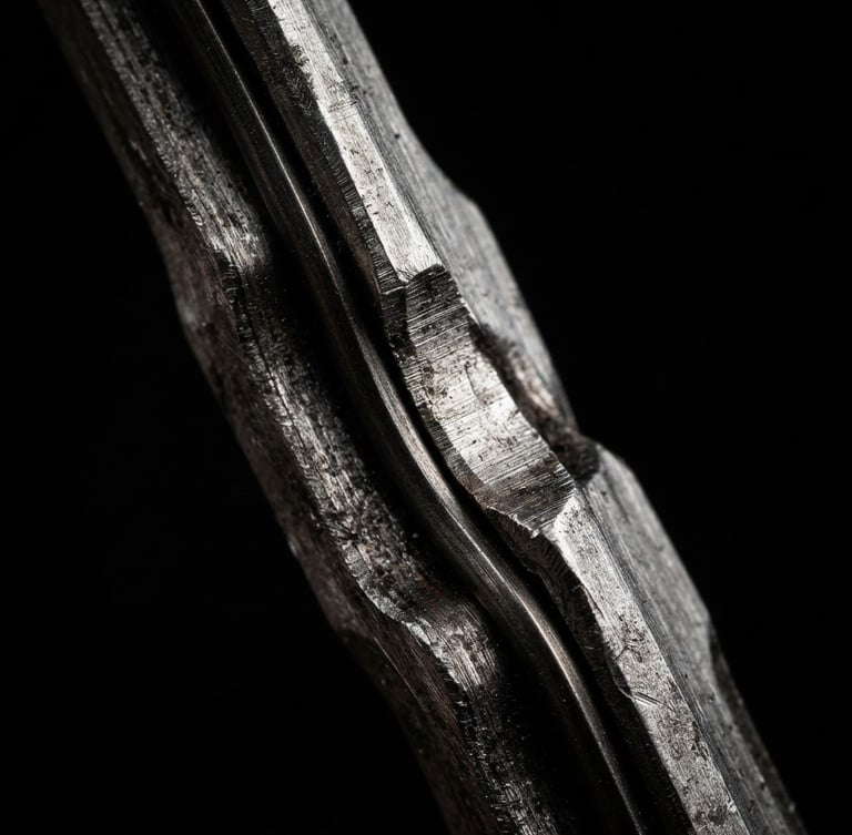 Industrial macro photography, high-contrast side-lighting on multi-layer steel truck head gasket edge, metallic textures, dark background