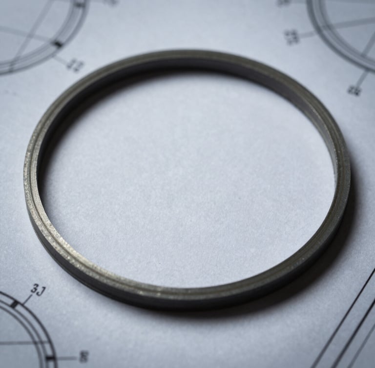 Industrial macro photography of a reinforced composite gasket laid flat on a technical blueprint schematic, cool metallic tones, sharp focus, 50mm