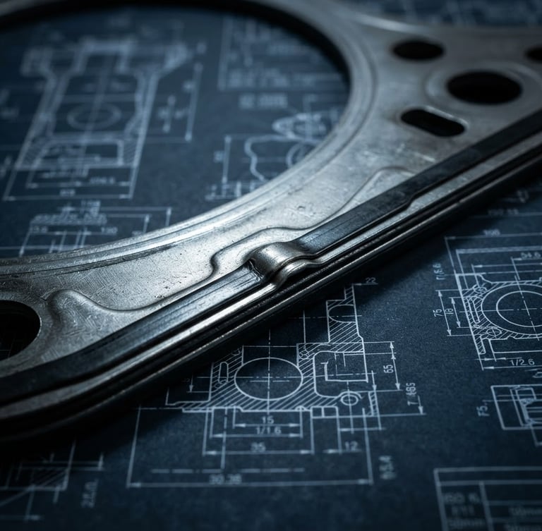 Industrial macro photography of a multi-layer steel truck head gasket edge laid flat on a technical blueprint schematic, high-contrast dramatic side-lighting, cool metallic tones, sharp focus on steel texture, 50mm