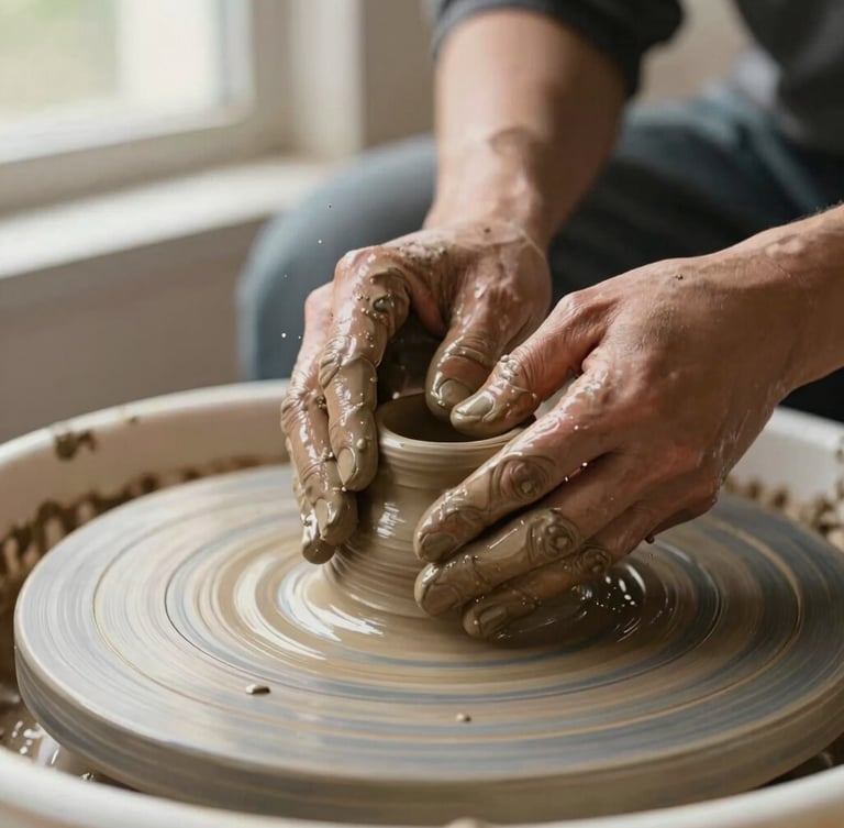 Close-up of potter hands shaping wet terracotta clay on a spinning wheel, water splashing, warm side lighting, macro depth of field
