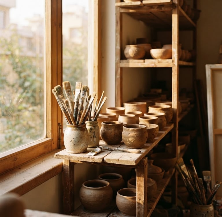 Warm sunlit art studio in Mehrshahr, clay pots drying on wooden shelves, paintbrushes in ceramic jars, natural afternoon window light, 35mm photography