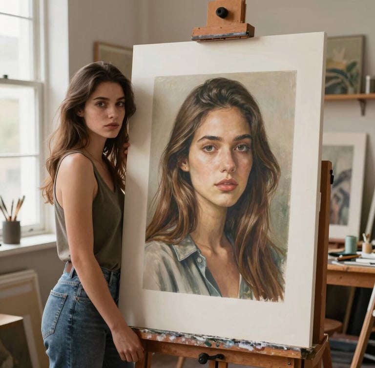 A finished large-scale hyperreal portrait drawing of a young woman leaning against an easel in a sunlit art studio, professional framing