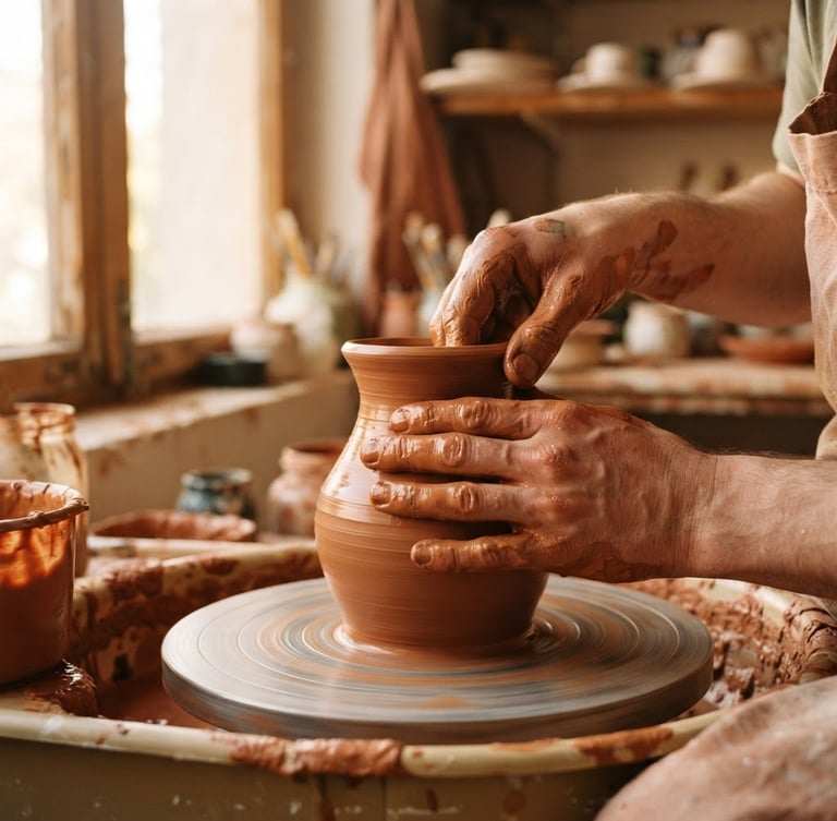 Warm editorial photography, close-up of hands covered in wet terracotta clay shaping a vase on a pottery wheel, soft afternoon window light casting long shadows, 35mm depth of field