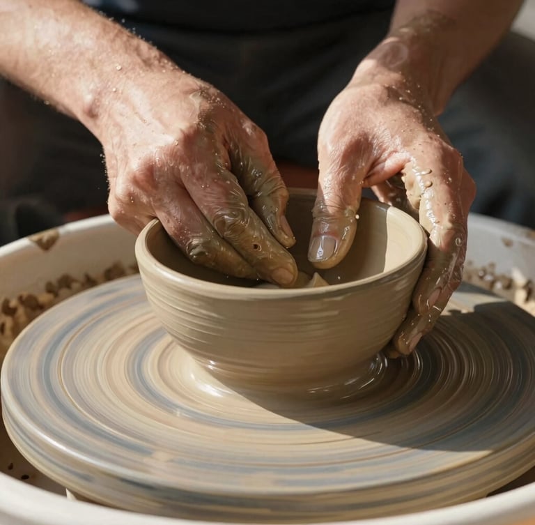 Close-up of potter's hands covered in wet clay shaping a delicate bowl on a spinning wheel, warm afternoon sunlight, water droplets glistening, highly detailed, 35mm