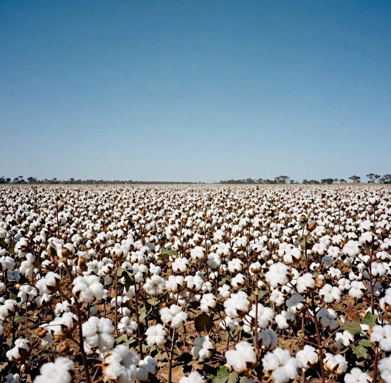 Wide environmental shot of a sun-drenched Australian cotton field under a clear blue sky, fluffy white cotton bolls ready for harvest, bright natural daylight.