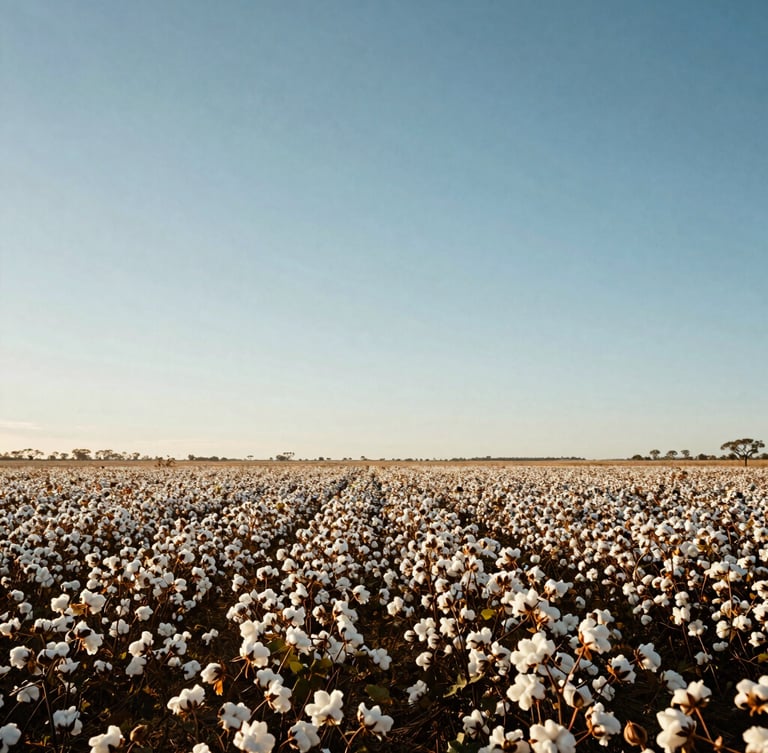 Wide environmental shot of a sun-drenched Australian cotton field under a clear blue sky, golden daylight, expansive horizon