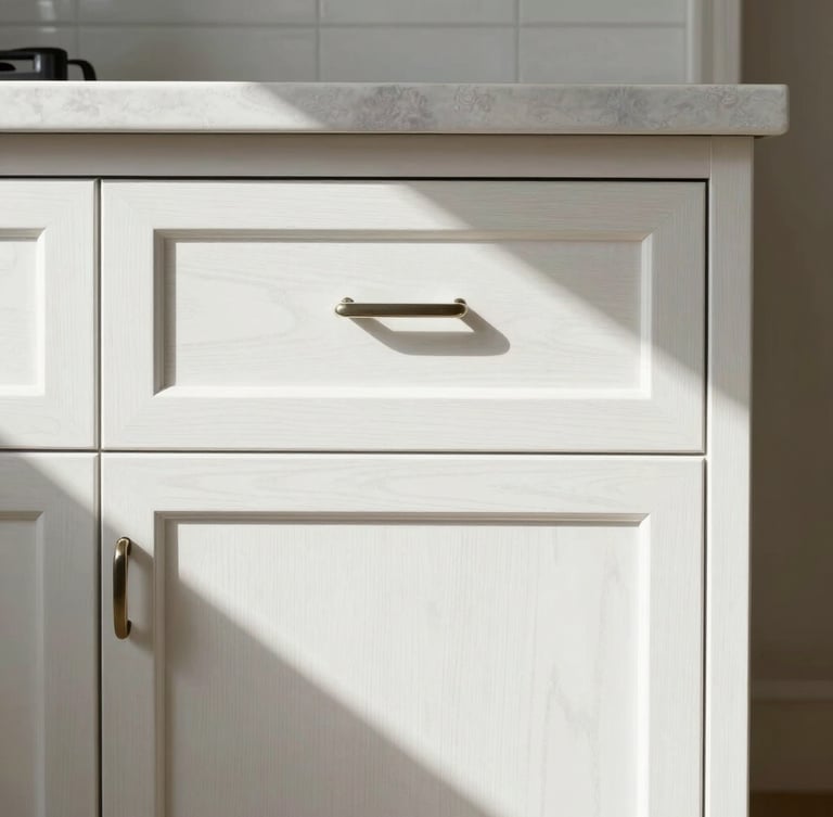 Straight-on architectural detail of custom white oak millwork in a sun-drenched Chandler kitchen, clean lines, natural daylight