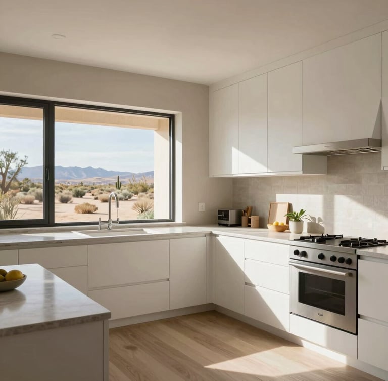 A bright, sun-drenched modern kitchen with clean white oak cabinetry, neutral plaster walls, and large windows looking out to desert landscaping, architectural elevation framing.