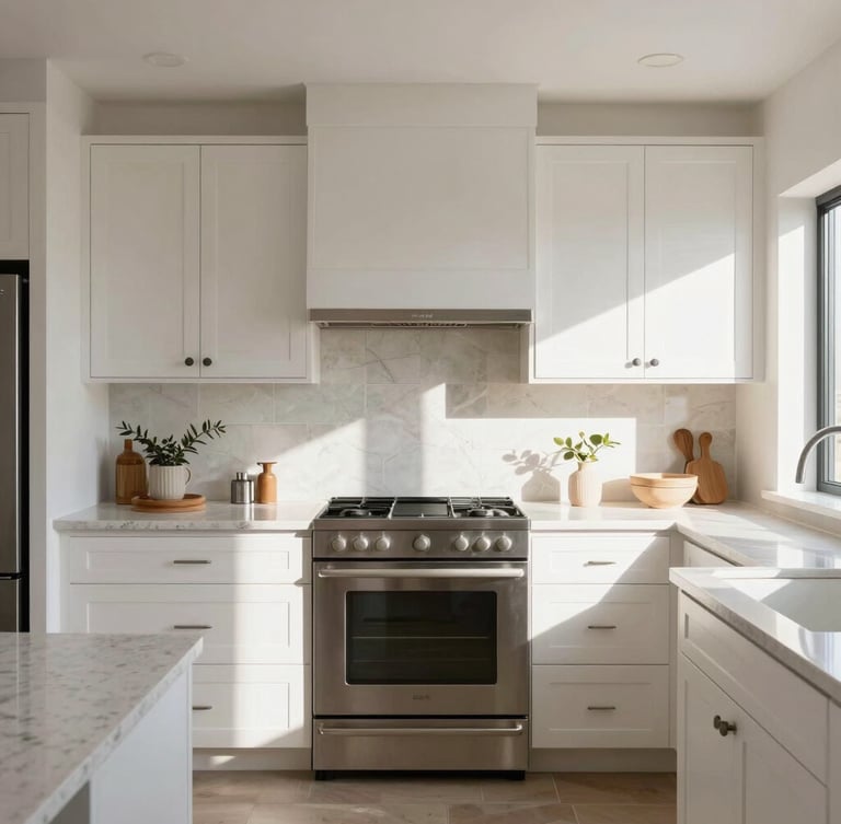 Straight-on architectural view of a sun-drenched Arizona kitchen, clean white oak cabinets, minimalist quartz countertops, natural morning light.